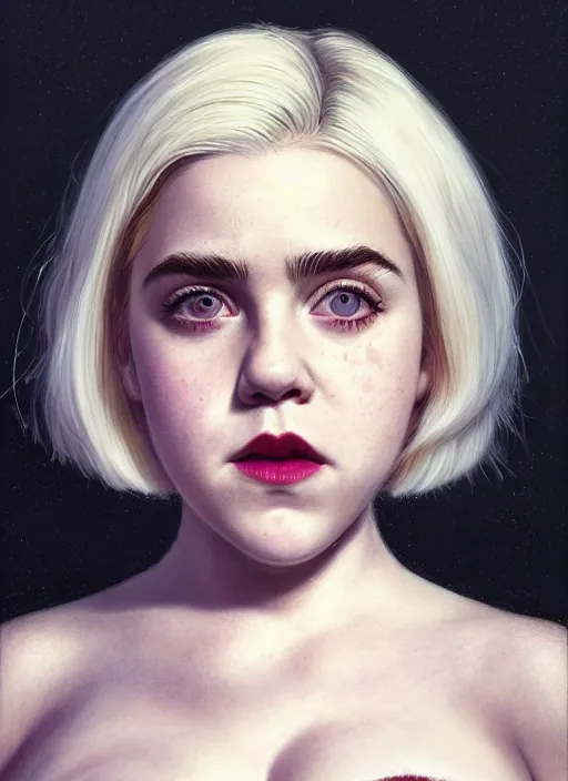 Image similar to full body portrait, kiernan shipka as sabrina spellman, white hair, obese, bangs, sultry, realistic, sultry smirk, fluffy bangs, freckles, fat, belly, intricate, elegant, highly detailed, digital painting, artstation, concept art, smooth, sharp focus, illustration, art by wlop, mars ravelo and greg rutkowski