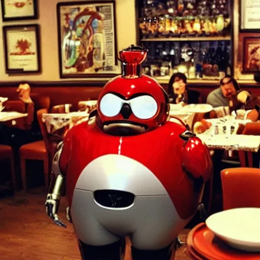 Image similar to dr robotnik eating at an italian restaurant surrounded by robots from sonic