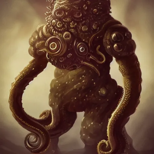 Image similar to Eyeless orb monster with many ears, tentacles holding guns, D&D, high quality, trending on artlist