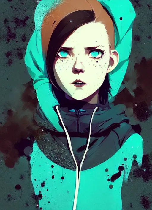 Image similar to highly detailed portrait of a urban punk lady student, blue eyes, hoodie, white hair by atey ghailan, by greg rutkowski, by greg tocchini, by james gilleard, by joe fenton, by kaethe butcher, gradient green, black, brown and teal color scheme, grunge aesthetic!!! ( ( graffiti tag wall background ) )