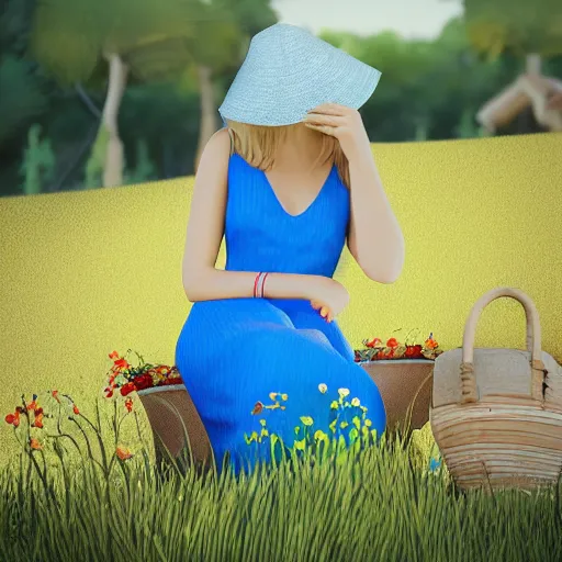 Image similar to blonde girl in a blue dress and a sun hat sitting barefoot in a garden, hyperdetailed, cinematic, kinemacolor, artstation, photorealistic, beautiful 8 k