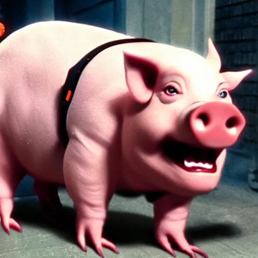 Image similar to Live Action Still of pig in Ghostbusters, real life, hyperrealistic, ultra realistic, realistic, highly detailed, epic, HD quality, 8k resolution, body and headshot, film still,Exquisite detail, post-processing, masterpiece, Cinematic Lighting, Unreal Engine, 8k, HD