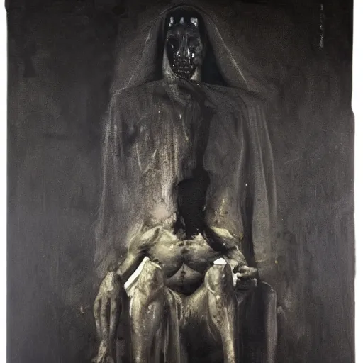 Prompt: The mixed mediart shows a the large, black-clad figure of the king looming over a small, defenseless figure huddled at his feet. The king's face is hidden in shadow, but his menacing stance and the large, sharp claws on his hands make it clear that he is a dangerous and powerful creature. by Nicola Samori realist