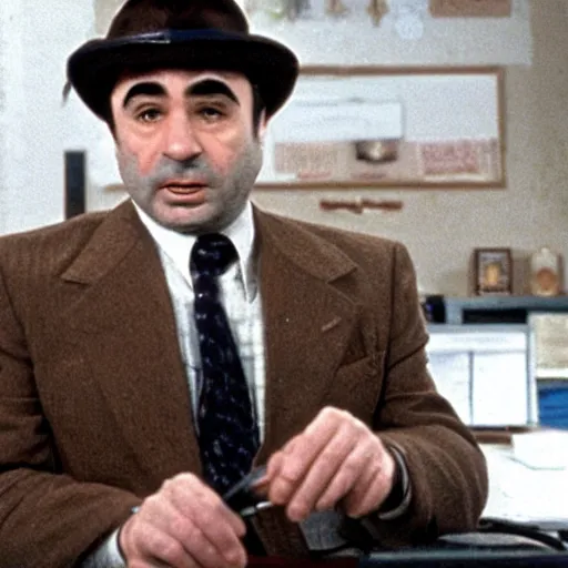 Prompt: Bob Hoskins as Eddie Valiant wearing a brown fadora and a brown pinstripe suit sitting at the desk of his detective's office.