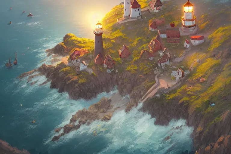 Image similar to Cozy small fantasy village on a cape with a lighthouse, fishing boats, view from above. In style of Greg Rutkowski, Jesper Ejsing, Makoto Shinkai, trending on ArtStation, fantasy, great composition, concept art, highly detailed, scenery, 8K, Behance.