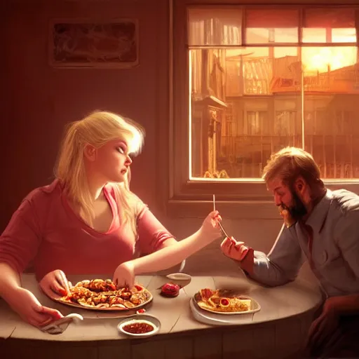 Image similar to portrait of a blonde chubby woman eating kebab, light stubble with red shirt inside victorian mansion ,digital art,photorealistoc,art by greg rutkowski,hyperdetailed,western comic style,comic,comic style,sharp lineart,professional lighting,deviantart,artstation,trevor henderson,rossdtaws,cinematic,dramatic