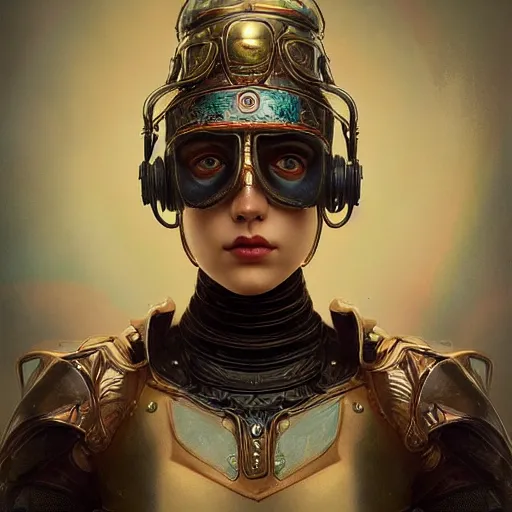 Image similar to tom bagshaw, rainbow lighting world curiosities carnival stars, photorealistic medium shot soft paint of a single very beautiful thicc female full long cyberpunk metallic armor ornate helmet face, accurate features, focus, very intricate ultrafine details, award winning masterpiece