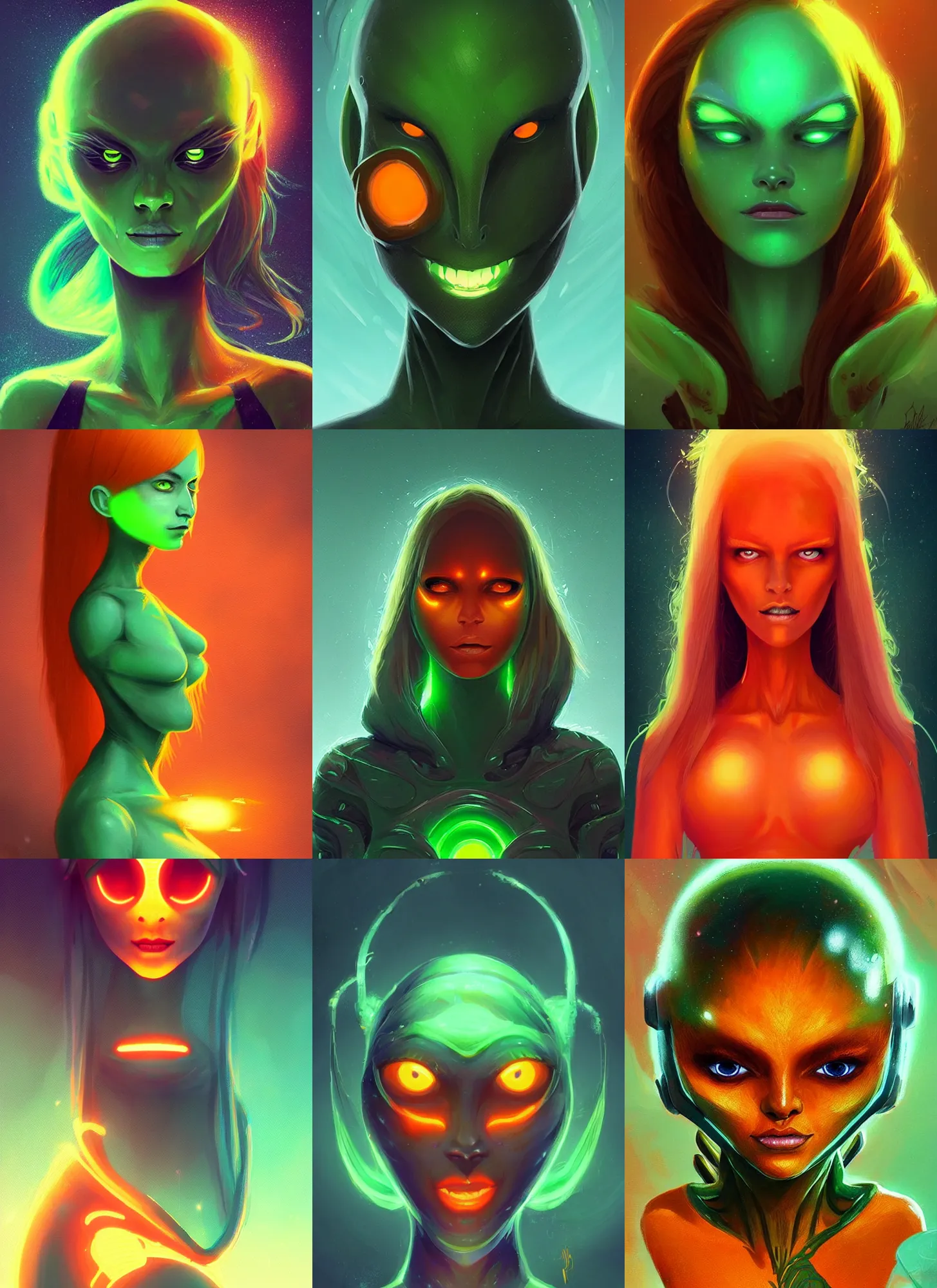Prompt: beautiful female alien with glowing green eyes, orange skin and long fiery hair, concept art by Christopher Balaskas, highly detailed, ultra detailed, ultra realistic, trending on artstation