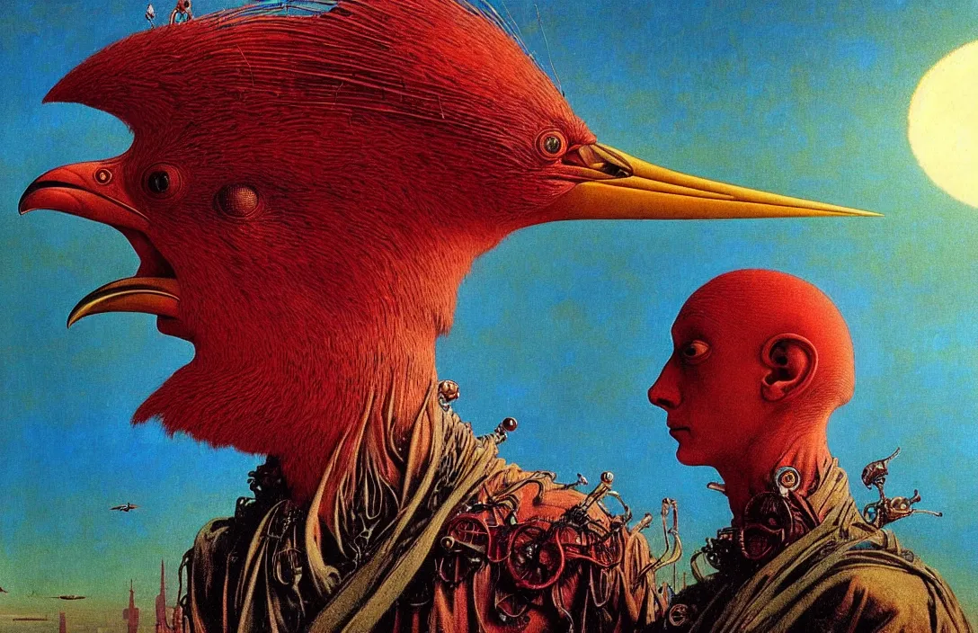 Image similar to realistic detailed portrait movie shot of a birdman wearing dark ragged robes, sci fi city sunset landscape background by denis villeneuve, amano, yves tanguy, alphonse mucha, ernst haeckel, max ernst, roger dean, masterpiece, rich moody colours, bird head, blue eyes