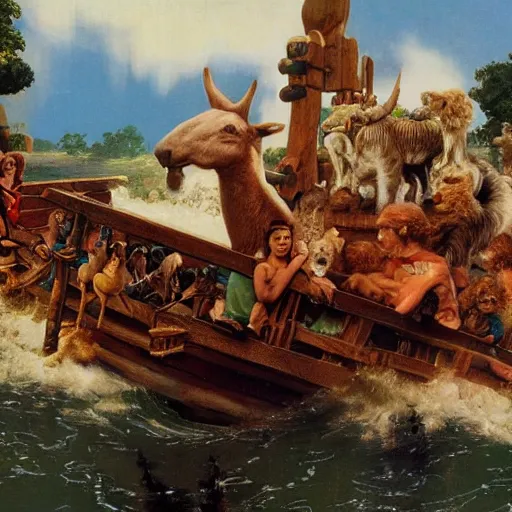 Image similar to an extremely detailed matte painting of the animals leaving noah's ark, 4 k, noah's ark, antediluvian, by bob ross and norman rockwell