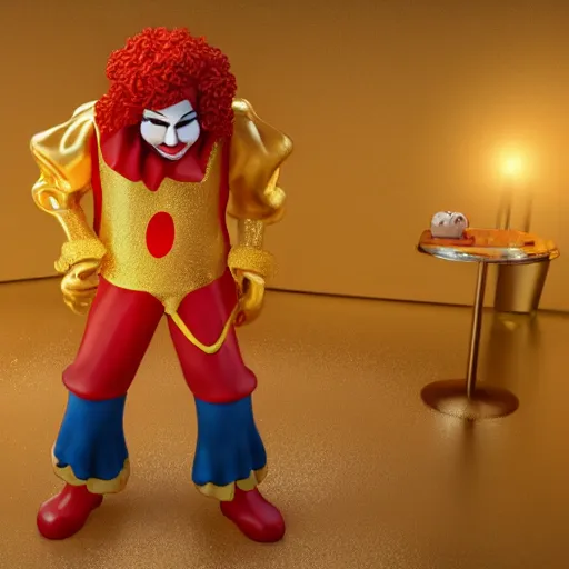 Image similar to a still of ronald mcdonald surrounded by gold and diamonds, award - winning, photograph, 3 d render, unreal engine, 4 k detailed