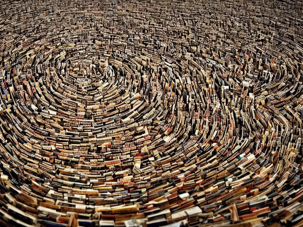 Image similar to an intricate labyrinth made of books at night, dimly lit by candlelight, dark fantasy, dreaming illusion