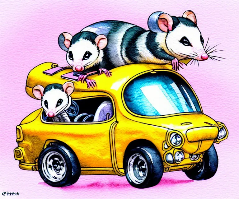 Image similar to cute and funny, opossum wearing a helmet riding in a tiny hot rod with oversized engine, ratfink style by ed roth, centered award winning watercolor pen illustration, isometric illustration by chihiro iwasaki, edited by range murata, tiny details by artgerm and watercolor girl, symmetrically isometrically centered, focused