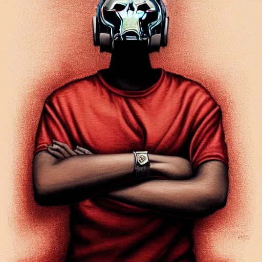 Image similar to portrait of mf doom, gray metal steel mask, dark skin underneath. red t - shirt, beige complex background, intricate, elegant, highly detailed, digital painting, artstation, concept art, smooth, sharp focus, illustration, by anato finnstark, boissb - blanca. j, cindy avelino, clint cearley, anna podedworna