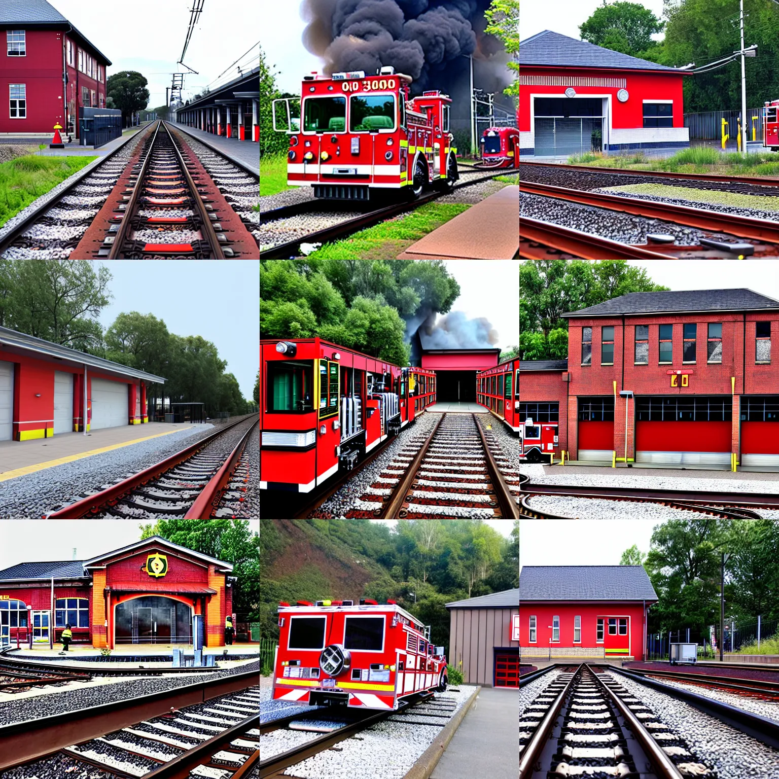 Prompt: a fire station, railway tracks going into it
