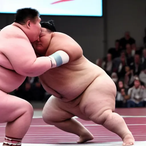 Image similar to photo of Elon Musk wrestling a sumo wrestler