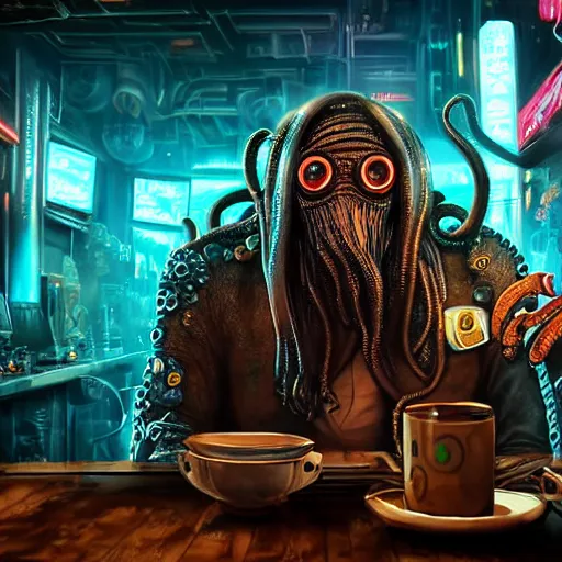 Prompt: a high quality portrait of octopus Davy Jones in a cyberpunk cyberpunk cyberpunk cafe, realism, 8k, award winning photo