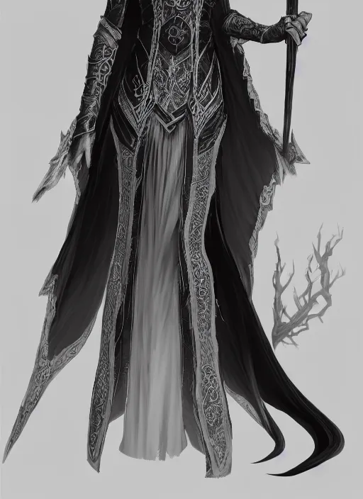 Prompt: A concept art of a beautiful elven female mage in black and gray intricate robe, illusion magic, white and black hair. In style of Hyung-tae Kim, Greg Rutkowski and Larry Elmore, concept art, trending on ArtStation, Korean MMORPG, over-detailed art, 8K, epic, dynamic lightning, dynamic pose, half body portrait.