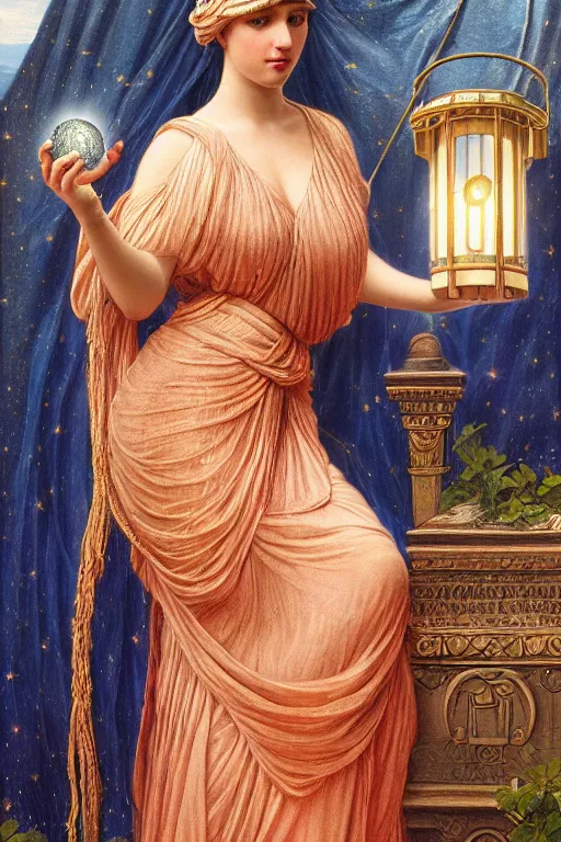 Image similar to queen of the stars with her lantern, by by John William Godward and Anna Dittman, dramatic cinematic lighting , ornate headdress , flowing robes, sacred artifacts, lost civilizations, smooth, sharp focus, extremely detailed