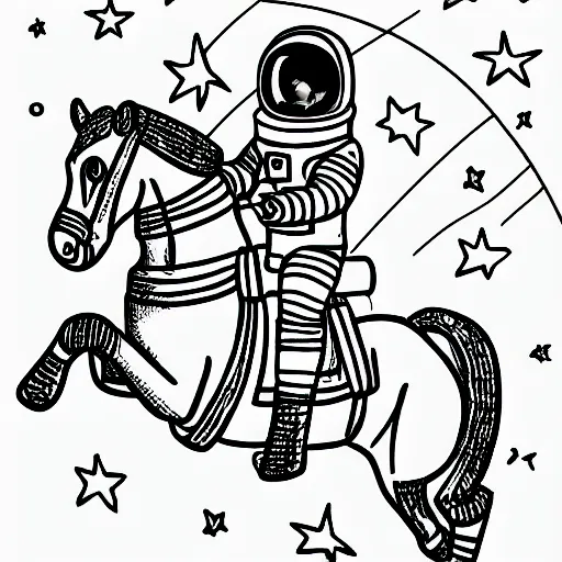 Image similar to Coloring page of an astronaut tabby cat riding a horse, in space