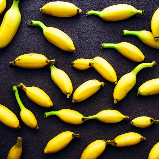 Prompt: photo of bananas falling, dramatic. black background