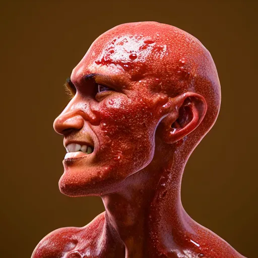 Image similar to man's head made out of lemon skin, head is exploding into a swirl of jam, jam swirl explosion : ornate, dynamic, particulate, intricate, elegant, highly detailed, centered, artstation, smooth, sharp focus, octane render