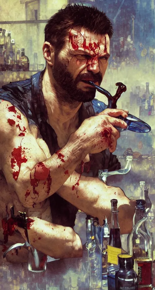 Image similar to close up of bloodied max payne pouring a drink, sun shining, photo realistic illustration by greg rutkowski, thomas kindkade, alphonse mucha, loish, norman rockwell.