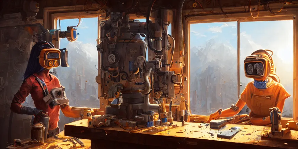 Prompt: highly detailed portrait painting of welder girl perfect symmetrical face, room mono window, workbench mess, by eddie mendoza and tyler edlin, 8 k resolution