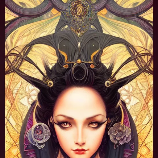 Prompt: head-on centered painted portrait, mage queen , voluminous black hair, art nouveau, fractal tarot card style, masterpiece, fantasy, intricate, elegant, highly detailed, smooth, sharp focus, illustration, artstation, in the style of Artgerm and Anna Podedworna and Alex Ross and Mucha