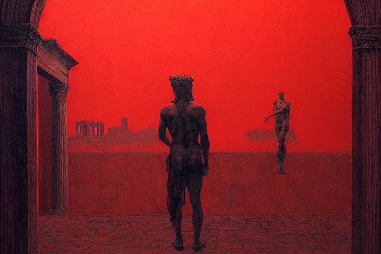 Image similar to only with red, caesar after war, a red tiger, in hoc signo vinces, rome in background, an ancient path, in the style of beksinski, part by hopper, part by rodcenko, part by hofbauer, intricate composition, red by caravaggio, insanely quality, highly detailed, masterpiece, red light, artstation