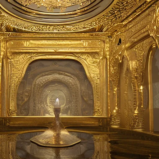 Image similar to interior of a golden palace in a water realm with water flowing through the walls everywhere, ultra detailed, hyperrealistic, 8k hd artwork, featured on artstation, cinema 4d, octane render, cinematic, cinematic lighting,