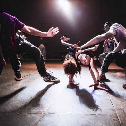 Image similar to old school breakdance party with old vibe and atmospheric environment, cypher with dancers in middle and people around them, photorealistic, fun, old school locking clothes, rock dance clothes