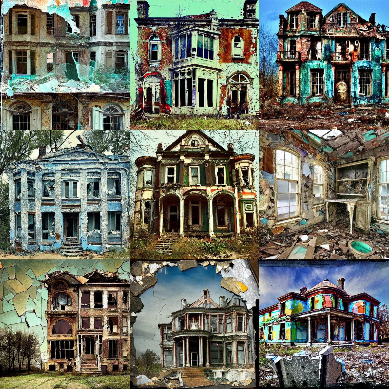 Prompt: “photorealistic old abandoned mansion made of broken glass and ceramics, found objects, flickr commons spotlight, colorful nostalgia”