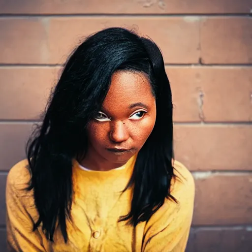 Image similar to color portrait Mid-shot of an beautiful 30-year-old woman black hair, street portrait in the style of Martin Schoeller award winning