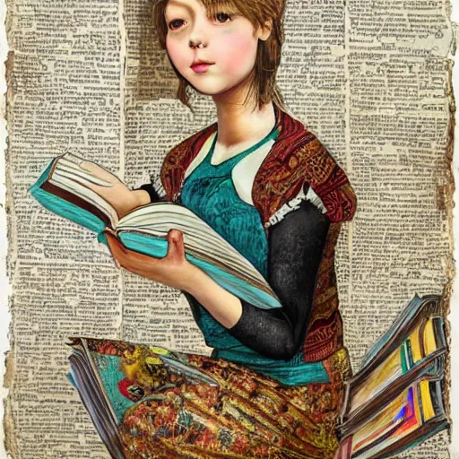 Image similar to full body pose, mixed media painting of a girl reading a book, extremely hyper - detailed, intricate, epic composition, very detailed, masterpiece, stunning,