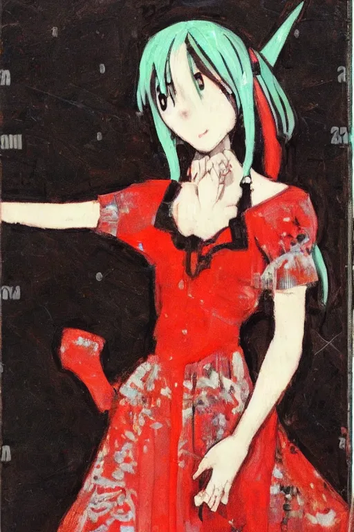 Image similar to A very soft and dark haunting oil painting of Hatsune Miku in a black ornate wedding dress, scarlet background, by Oskar Kokoschka, ethereal, evil presence, haunted painting