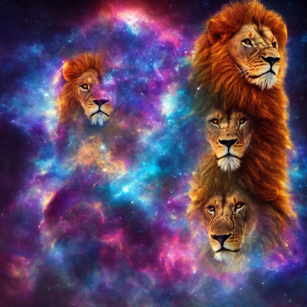 Image similar to lion 🦁 in a galaxy made of stars, space, nebulas stars Dmt Psychedelic cosmos, cosmic, Hallucination, night sky; 8k, artstation, unreal engine, octane render, hdr, surrealistic, hyperrealism, glow, photorealistic, volumetric lighting, Dreamy, dynamic, mystical