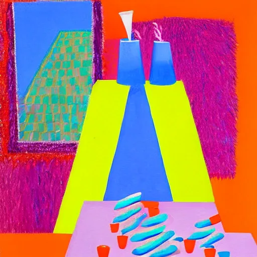 Prompt: having a cool party birthday party, painting by david hockney