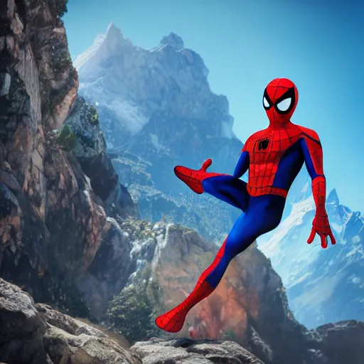 Image similar to Hyperrealistic photo of traveler spider-man carrying backpack and holding map on the mountain