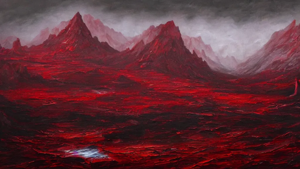 Prompt: dark blood red detailed landscape, chilling overwhelming oil painting, brutal unforgiving fantasy hell, dreadful and horrifying endless torture