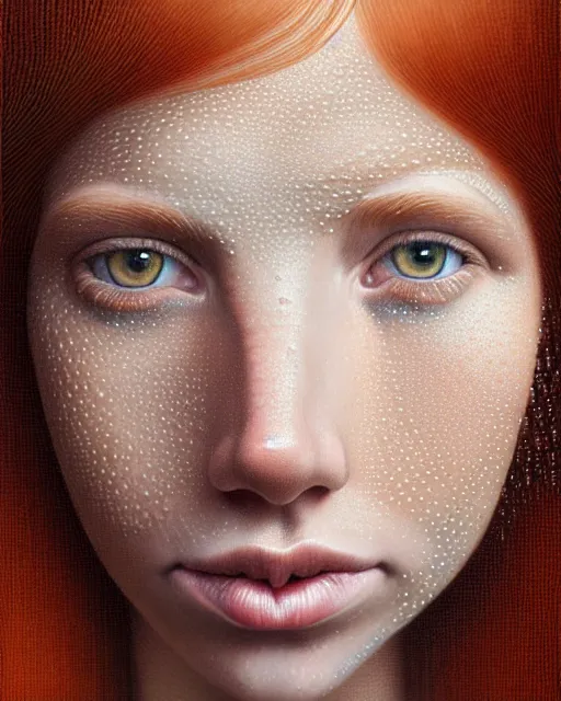 Image similar to portrait of an ethereal ginger freckled woman with water droplets, hypnotic eyes, with rain drop patterns, closeup, by mary jane ansell