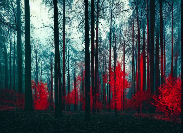 Prompt: red forest liminal space, night, artgerm, rutkowski, tooth wu, beeple, and intricate