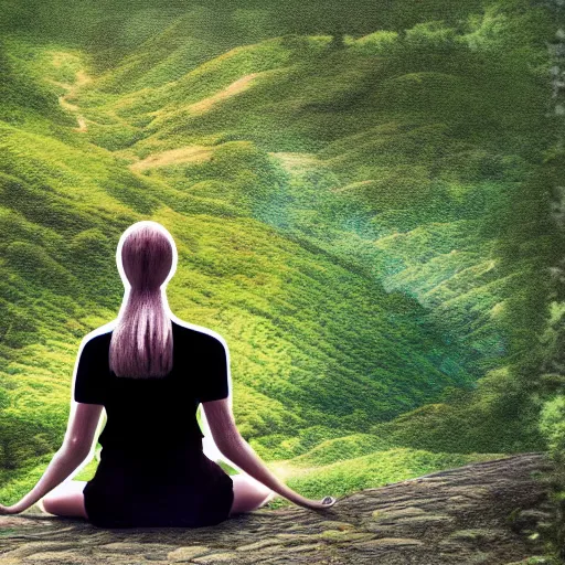 Prompt: a back shot view of a mini meditating in a beautiful valley, highly detailed digital art