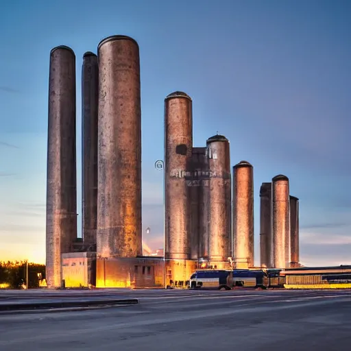 Image similar to a wide shot of a soviet beautiful brutalist monumental multi - building industrial complex, tall buildings with spaceship parking lots on top, with many rounded elements sprouting from the base tower creating a feel of an organic structure, photography shot at blue hour