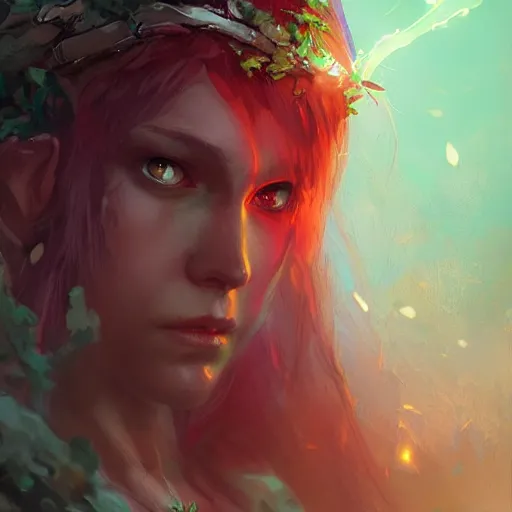 Prompt: a beautiful Druid elf girl with red hair and glowing green eyes, trending on art station , concept art by Greg rutkowski