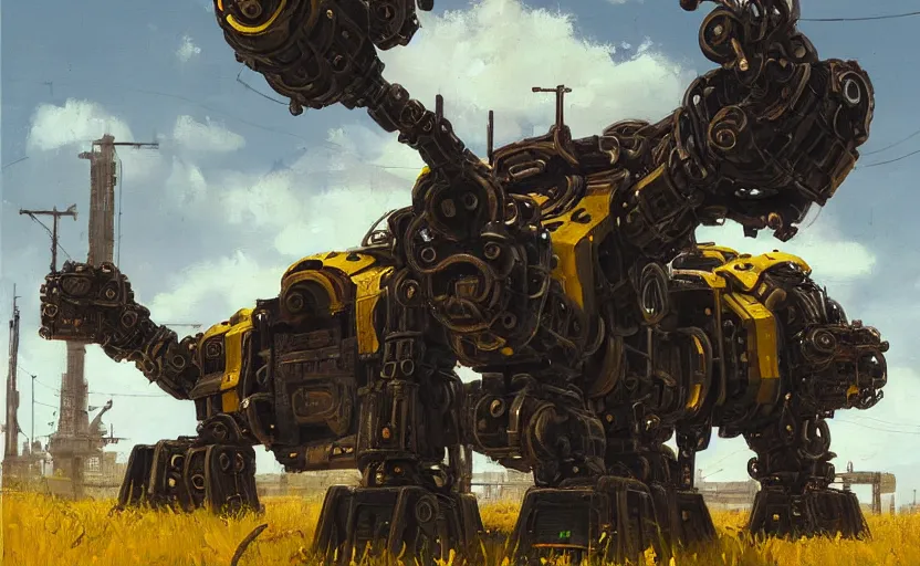 Image similar to an intricate oil painting of a giant armored plated metal mecha by simon stalenhag, rust, yellow and black trim