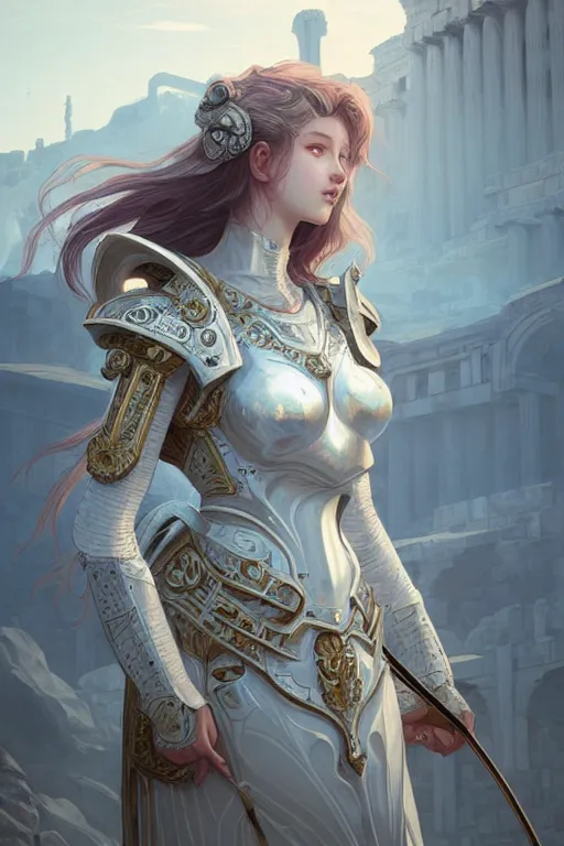 Image similar to portrait young knights of Zodiac girl, matt white color armor, in ruined Agora of Athens Sunrise, ssci-fi and fantasy, intricate and very beautiful and elegant, highly detailed, digital painting, artstation, concept art, smooth and sharp focus, illustration, art by tian zi and WLOP and alphonse mucha