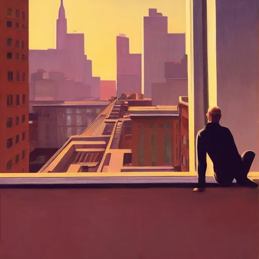 Prompt: a portrait of an astronaut sitting on the edge of a building looking over an empty city, in the style of Edward hopper, 4k,