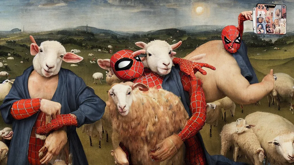 Image similar to A butcher and sheep wearing a spiderman costume taking a selfie smiling, in the fashion of Hieronymus Bosch, oil on canvas, painting, 4k, wide shot