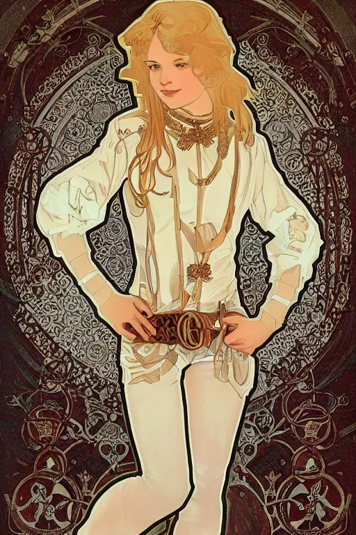 Prompt: full body portrait of a beautiful russian teenager with short platinum blonde hair and leather boots, illustration by alphonse mucha, trending on artstation, HD, D&D 4k, 8k, intricate detail, character design